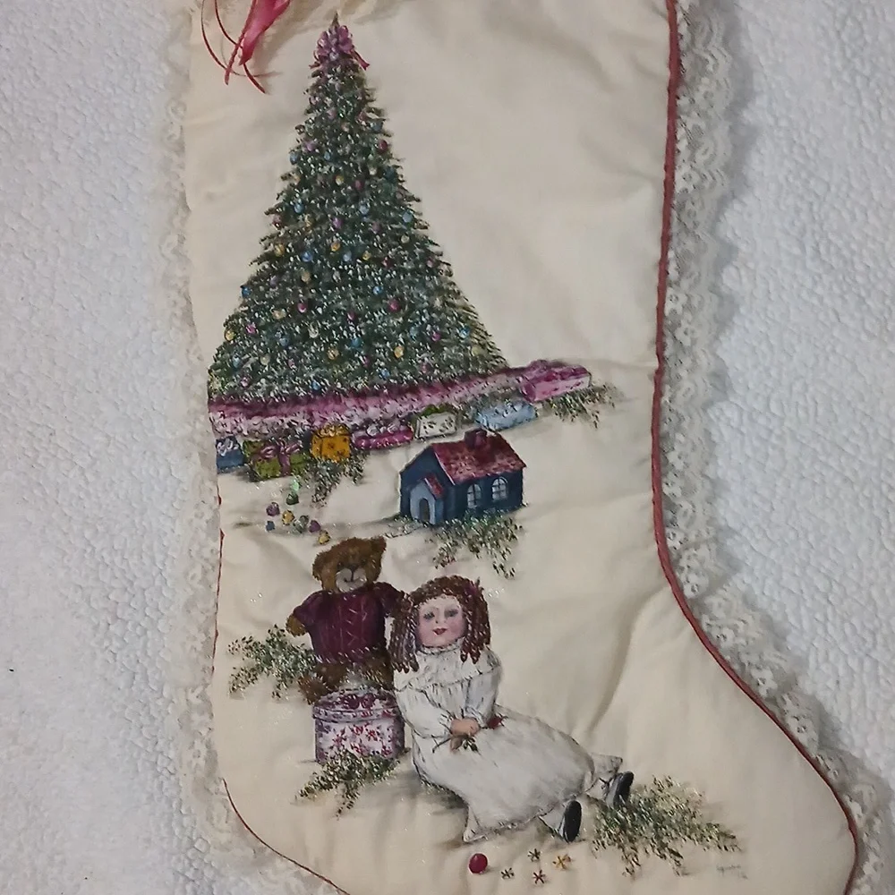 Vintage Hand Painted Christmas Stocking with Lace Trim & Bells - Picture 3 of 5